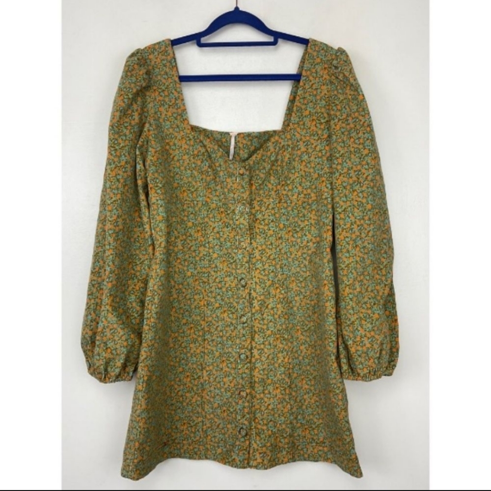 FREE PEOPLE Mini Dress Corduroy Puff Sleeve Yellow Floral Call Me Cord Large